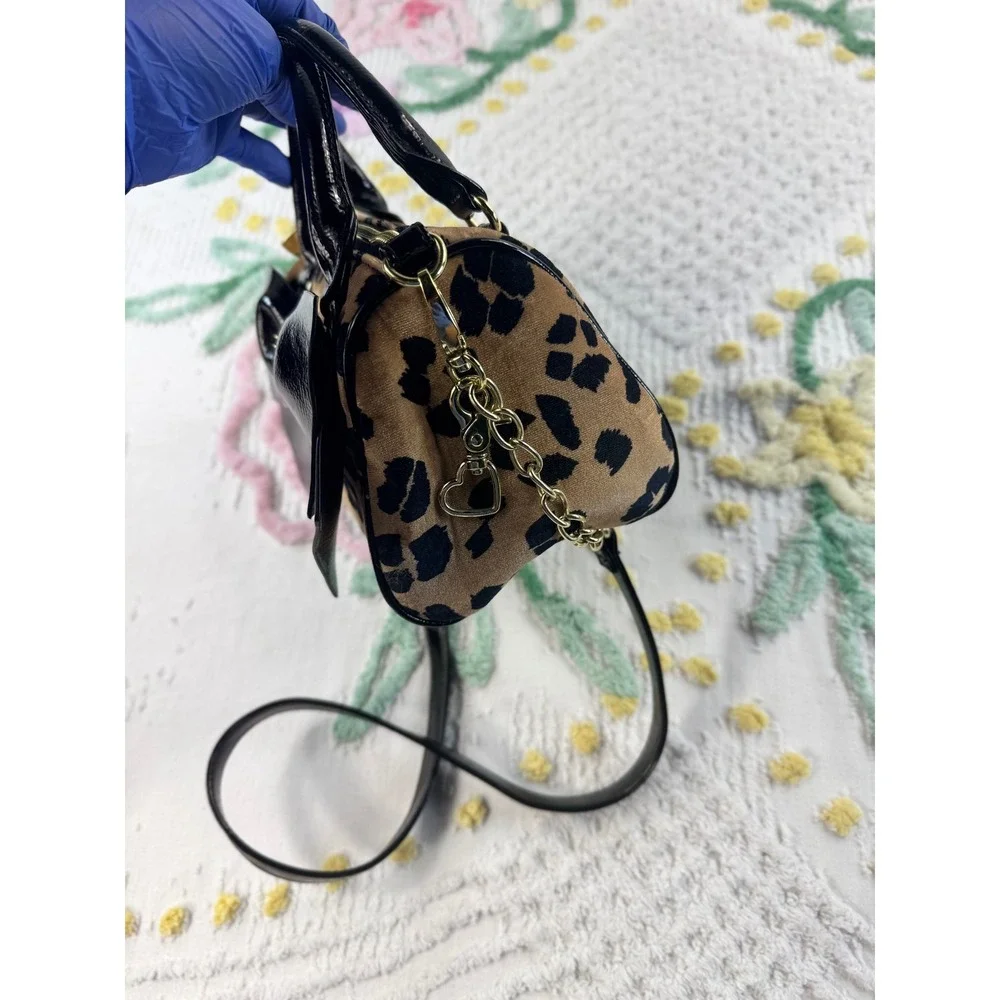 Betsey Johnson Leopard Print Mini Satchel Black Patent Bow Crossbody Bag